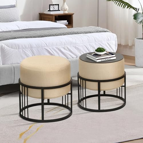 [en.casa] Hocker Tas multifunktionaler Sitzhocker 2er Set stapelbar Ottoman Beistelltisch rund 38 x 38 cm Fußhocker gepolstert Pouf Beige