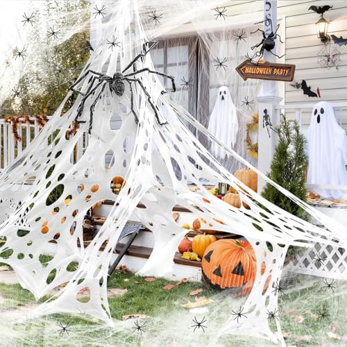 Halloween Deko Spinnennetz, Dehnbare Spinnennetze 20 Künstliche Spinnen Halloween Deko Set Halloween Riesiges Spinnennetz, Spinnennetz Groß Halloween Deko für Halloween Deko Outdoor Innen Garten