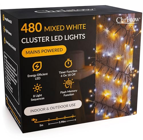 CHRISTOW Christmas Cluster Lights, 480 LEDs, Mixed White | 5.98m Lit Length, Micro LED Cluster Lights, 8 Flash Modes with Memory, Timer Function, Mains Powered, Indoor & Outdoor Use