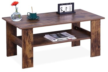 Relaxdays Couchtisch, HBT: 43,5x100x50 cm, Wohnzimmertisch mit unterer Ablage, moderner Sofatisch, Holzoptik, braun