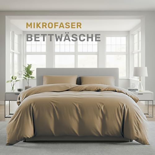 Lavea® Bettwäsche 220x240 cm, 4-teilig, 2 Bettbezüge 220x240 cm, 2 Kissenbezüge 80x80 cm, Mikrofaser, weich, atmungsaktiv, pflegeleicht, hypoallergen, Markenreißverschluss, Bettwäsche-Sets Sand