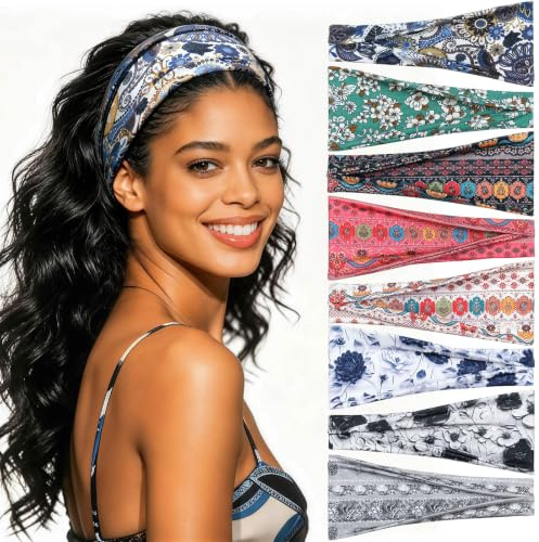 Awumbuk Bandeau Cheveux Femme Large, 8 Pièces Bandeaux pour Cheveux, Multicolore, Headband Sport Élastique Anti-Dérapant pour Yoga, Fitness, vie Quotidienne, Voyages