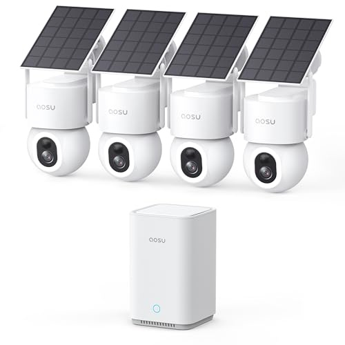 aosu D1 Max 4K Security Cameras Wireless Outdoor Solar, 360° PTZ AI & PIR | 8MP UHD 4-Cam Kit, Auto Tracking, Color Night Vision, Smart Detection Person & Vehicle, 32GB Local Up to 1TB WiFi 2.4/5 GHz