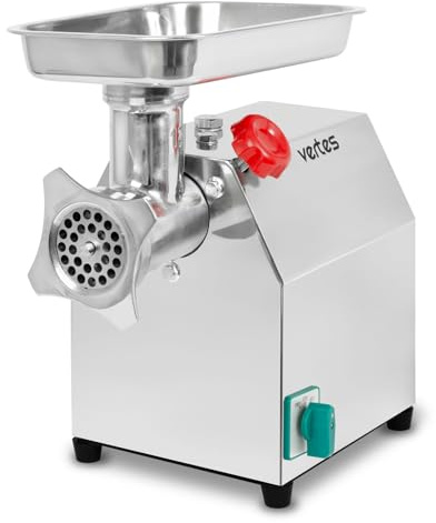 VERTES Fleischwolf Fleischmaschine Faschiermaschine Elektrisch, Edelstahl, 850W, 120 kg/h, Größe 12, Professionell f. Gastro, 2 Einfüllschalen, 4 Lochscheiben, 2 Messer, Stopfer, Vor-, Rückwärtsgang