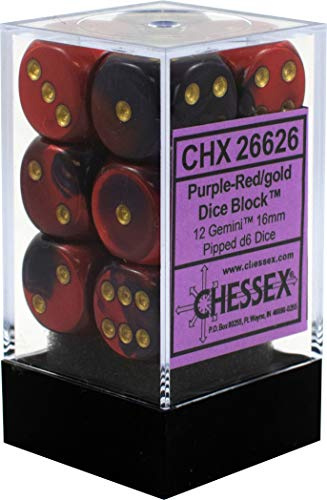 Chessex Gemini 16mm d6 with pips Dice Blocks (12 Dice) - Purple-Red w/Gold