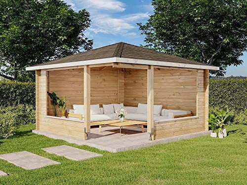 Alpholz 5-Eck Gartenlaube Maik-40 aus Massiv-Holz, Gartenhaus mit 40 mm Wandstärke, Gerätehaus inklusive Montagematerial, Geräteschuppen Größe: 400 x 400 cm, Spitzdach