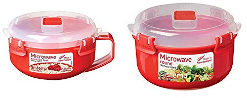 Sistema Microwave Breakfast Bowl, 850 ml - Red/Clear & Microwave Round Container, 915 ml - Red/Clear