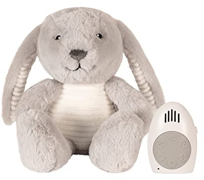 Flow Amsterdam, Kuscheltier Einschlafhilfe Babys | mit Herzschlag | Beruhigende Geräusche und Weißes Rauschen Baby | Milo der Hase | Grau | Musikalisches Plüschtier | Baby Zubehör