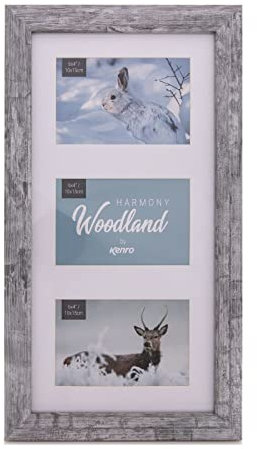Kenro Harmony Woodland Silver Grey Rustic Wood-Effect Photo Frame (3 Photos) - 7x5 Inch / 13x18cm Premium Photo Frames with Minimalistic Design | Overall size: 55x27.5cm - HW1318GY/3