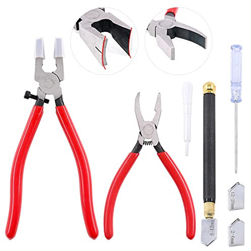 Keadic 7 Stück Robustes Glaslaufzangen-Set,Glasschneider Werkzeugsatz,Breaker Grozer-Zange mit Glasschneider und Bleistift-Stil, Ölzufuhr, Hartmetallspitze, Glasschneider für Mosaik/Fliesen/Spiegel