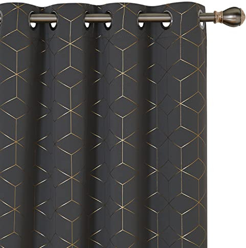 Deconovo Verdunkelungsvorhänge mit goldfarbenen Rauten, energiesparend, für Mädchenzimmer, 132 x 213,4 cm, Dunkelgrau, 1 Paar