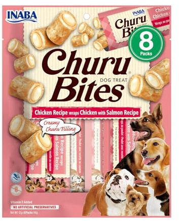 INABA Churu Bites echtem Fleisch, Hundeleckerli ohne Getreide, ohne Zucker, Keine Nebenerzeugnisse, Weiche Leckerlis für kleine Hunde und Seniorhunde in kleinen Häppchen, Huhn & Lachs 96 g (1er Pack)