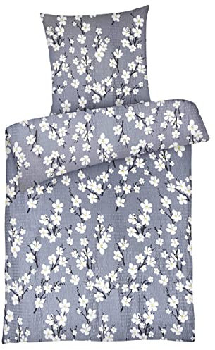 Carpe Sonno Seersucker Bettwäsche 135x200 Baumwolle | Sommer Bettwäsche Blumen Bettbezug 135 x 200 | Kühlende Sommerbettwäsche Bügelfreie Bettwäsche-Sets | Graue Bettwäsche Baumwolle 135x200