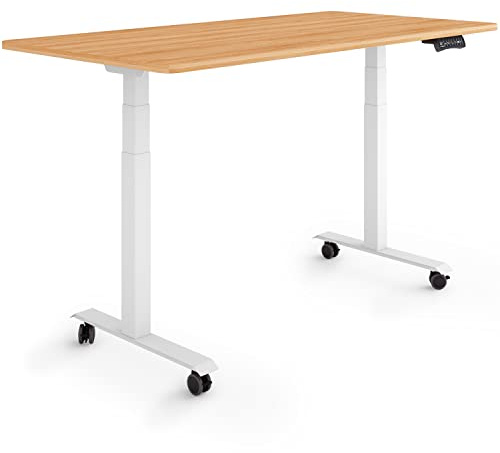 ESMART EZX-132WM elektrischer Steh-Sitz-Schreibtisch auf Rollen | 140 × 70 cm, Ahorn-Dekor, Höhe 65,5–130,5 cm, 3 Speicherplätze, Aktivitätserinnerung, schnelle Montage