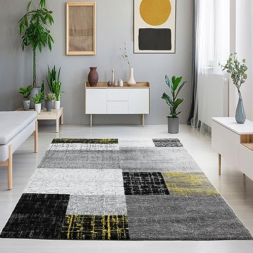 VIMODA Designer Teppich Kurzflor Moderner Wohnzimmer in Gelb, Grau und Weiß mit Kachel Optik, Maße:140x200 cm