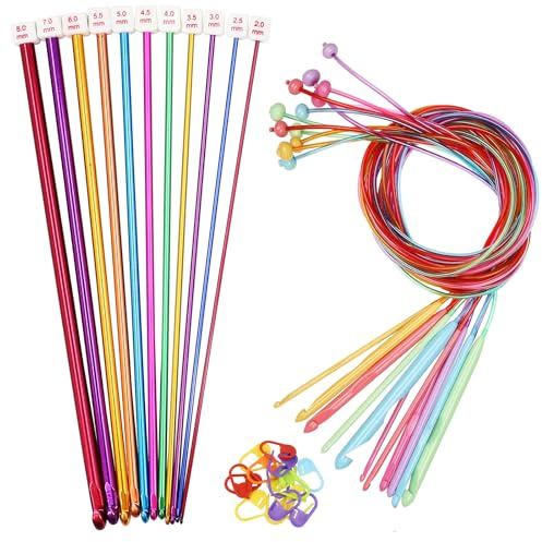 Tunisian Crochet Hooks Set, 11 Aluminum Afghan Crochet Hooks, 2-8 mm Kit | Includes 12 Plastic Cable Knitting Needles, 3.5-12 mm, and Blunt Needles for Weaving, Crocheting and Knitting Projects