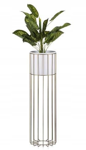 HowHomely Moderne Blumenständer Metall 70 cm Hoch mit Weiß Blumentopf Rund 19 cm Ø auf Robuste Gold Ständer - Pflanzenständer zur Dekoration Innenräumen