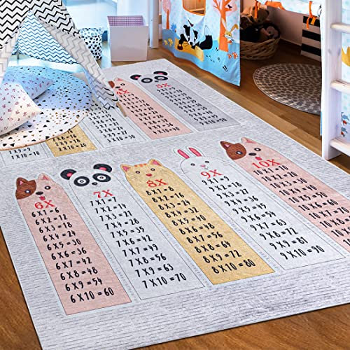 Mazovia Kinderzimmerteppich Antirutsch - Waschbar bis 30 Grad - Einmaleins - Kurzflor Kinderteppich Teppich für Kinderzimmer - ÖKO-TEX - Teppiche Junge Mädchen Bunt Grau 140 x 200 cm