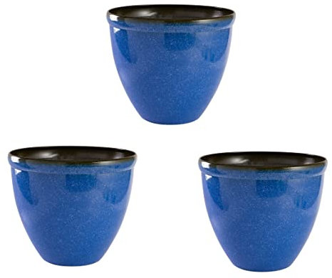 Jinfa 3 Pots de Fleurs en Plastique Effet céramique émaillée | Bleu Marine | Santorini Design | Ø 39,5 cm x 33,5 cm