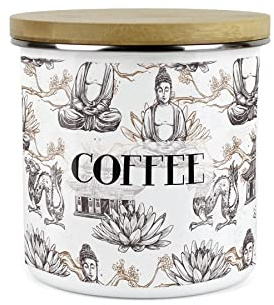 Purely Home Asian Scenes Coffee Canister - White Metal Enamel Kitchen Food Storage Container