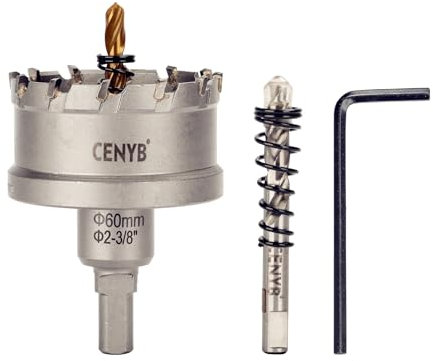 CENYB 2-3/8 (60mm) Coronas Taladros con Broca: para Madera, Pladur, Metal, Acero Inoxidable y Plástico - Punta de Carburo de Tungsteno y 2 Brocas Guías de Titanio