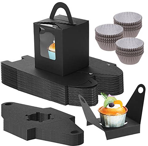 Fippy 50PCS Individual Cupcake Boxes with 100PCS Paper Cupcake Cases, Single Cupcake Boxes with Window, Small Pastry Boxes for Packaging Cupcakes, Desserts, Cookies, Black