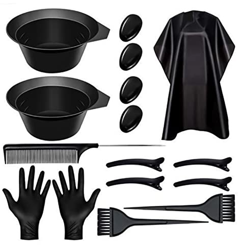 PMELCXD Lot de 16 outils de coloration pour cheveux - Bol de teinture, cape, brosse, cache-oreilles, gants pour outils de blanchiment - Noir