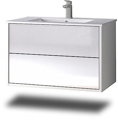 Stil.Zeit Evelia Badmöbel inkl. Waschbecken | Waschtisch mit Unterschrank 80.5 cm | Weiß/Hochglanz Weiss | Push-to-Open/hängend