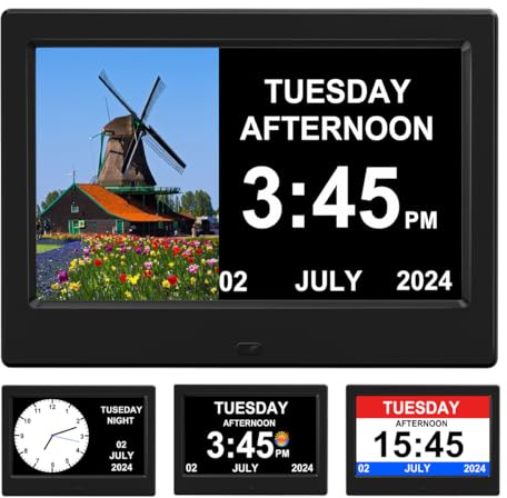 FEYBYLA (No Power Adapter Alarm Clock with Day and Date for Elderly 7inch Digital Calendar Clock Photo Frame- Auto Dimmable Display 15 Alarm Options, Clock with Non-Abbreviated Day & Month