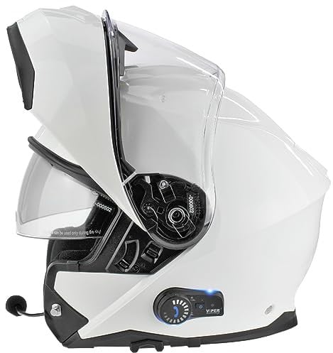 ViPER RSV191 Flip up Motorcycle Helmet with Blinc Bluetooth - Modular Double Visor Motorbike Helmets - Microphone Dual Speaker for Hands & Noise Free Automatic Answering ECE/ACU Gold Approved (White,M