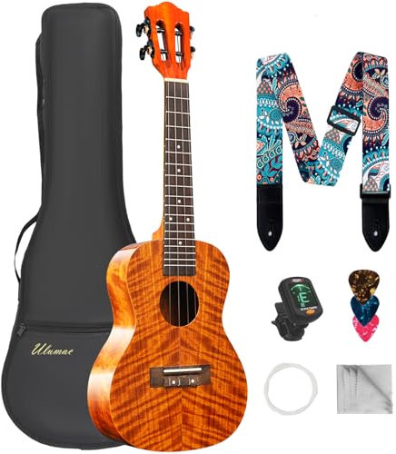 Ulumac KOA - Ukulele da concerto, in legno di acacia, 58,4 cm, per adulti, bambini, per principianti, kit con corde di ricambio, accordatore, custodia, tracolla, plettro, panno, stile classico