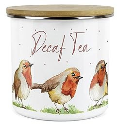 Purely Home Robins Decaf Tea Storage Canister - Birds Nature Animals Metal Enamel Medium Sized Food Storage Container