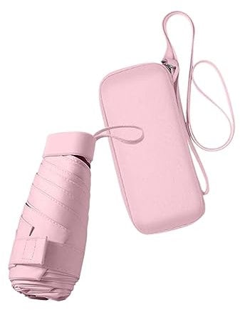 HUAMu Mini parapluie avec protection UPF50+, parapluie compact léger pour femmes et enfants, parapluie UV portable avec boîte de rangement, petit parapluie côtelé pour femme taille sac à main, rose