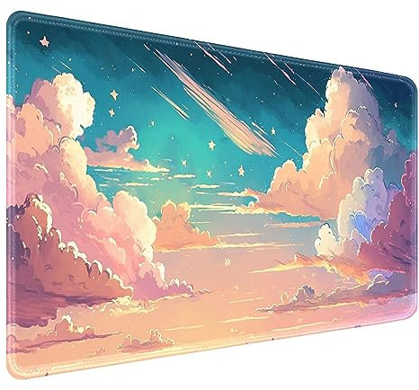 HUOCAIREN Aquarell-Schreibtischunterlage, Pastellhimmel, niedliche XL-Schreibtischunterlage, Kawaii, extra großes Mauspad für Schreibtisch, niedliche Wolken-Schreibtischmatte, erweiterte
