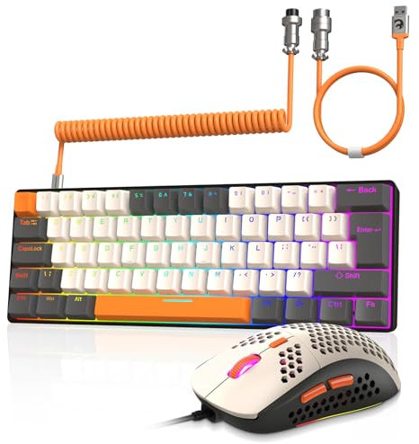 ZIYOU LANG Wired Gaming-Tastatur und Maus Combo mit Spiral USB-C Kabel T60 Pro - Kompakt 60% UK Layout(QWERTY) Mechanische Tastatur Brown Switch, 6400DPI Ultra-Light RGB Mäuse für PC/Mac - Milchtee