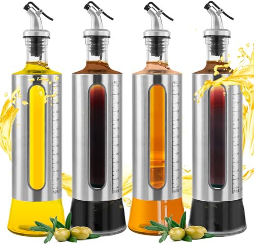 Catime 4 Stück Ölflasche, Essigflasche Glas, Öl Flaschen 500ml, Olivenöl Spender Edelstahl, Öl Karaffe mit Ausgießer für Küche, BBQ, Grillen, Kochen, Backen (4pcs)