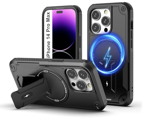 Tuvror Magnetic for iPhone 14 Pro Max Case with stand. [Compatible with MagSafe] Built-in kickstand. Rugged Protection Heavy Duty Shockproof Case for iPhone 14 Pro Max (Black)