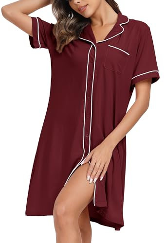 Wikoan Camicie da Notte Donna in Cotone, Camicia da Notte Allattamento Scollo a V Camicie Corta Bottoni Davanti Camicie da Notte Donna,Vino Rosso,M