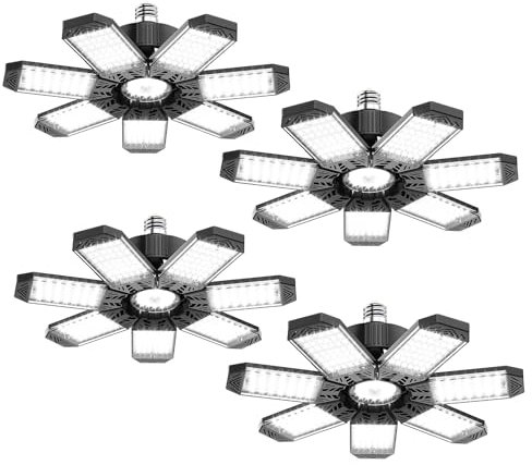 HAPYLUMI Lot de 4 lampes de garage LED 200 W, 20 000 lm super lumineuses pour garage, plafond, 7 panneaux réglables, 6500 K, culot E26/E27 pour sous-sol, grange et atelier
