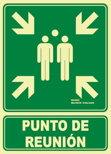 IberNorma SB4106 Señal evacuación Punto de Reunión 21x30cm Clase B D≤10m PVC Luminiscente Homologada nueva UNE 23034:2023 (Clase B)