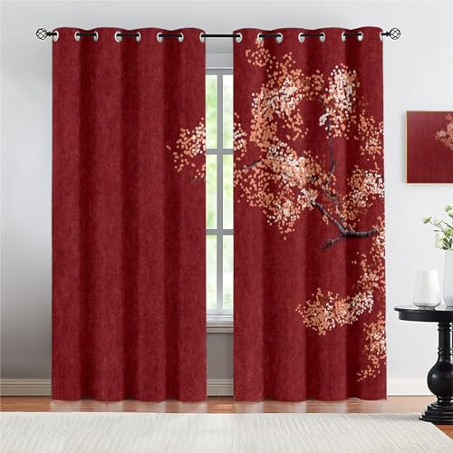 MELABE Style Chinois Rouge rétro Rideau Salon Lot de 2, Rideaux Salon Acoustiques Anti Froid pour Chambre, Oeillets Opaque Anti Chaleur Anti Bruit 2 x 130L x 240H cm