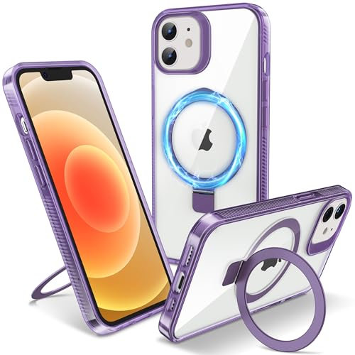 Flyzoo Magnetisch Ständer Hülle für iPhone 12/12 Pro - [Unsichtbarer Ständer] [Kompatibel mit MagSafe] [Vergilbungsfrei & rutschfest] Stoßfest Durchsichtig Handyhülle, 6.1'', Clear Lila