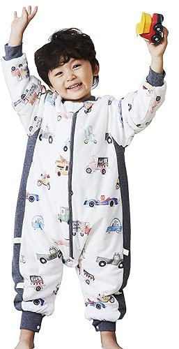 Chilsuessy Baby Winter Schlafsack 2.5 Tog Babyschlafsack mit Füssen Strampler Winterschlafsack mit abnehmbar Ärmel Schlafanzug Kinder Schlafsack, Bunte Autos/3.5 Tog, XXL/Baby Höhe 115-125cm