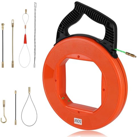 EFUTURETIME Guia Pasacables 50m Ø4.5 mm Cable Puller con Junta Giratoria y 7 Accesorios, Guia Cables para Instalación y Extracción de Cables