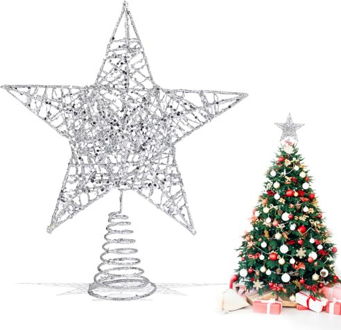 VEYLIN 25cm silbernes Pentagramm，Weihnachtsbaum Stern Tpper,Christbaumspitze Stern Silber, Weihnachtsdeko Baumspitze (Silberne)