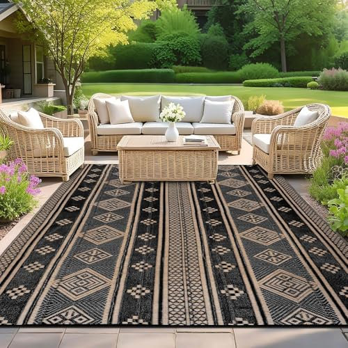 SHACOS Tappeto da Esterno Impermeabile 240x300 cm Resistente ai Raggi UV, Tappeto in Plastica per Balcone, Giardino, Patio, Spiaggia, Picnic e Cortile - Nero/Marrone
