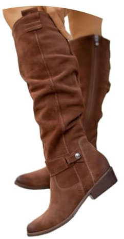 shownicer Stivali Alti Donna Stivaletti in Pelle Scamosciata Eleganti Stivali con Punta Tonda Autunnali Invernali Comodi Stivali in Tinta Unita A Marrone Scuro 37