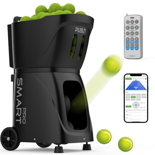 PUSUN Tennisballmaschine PT-Smart Pro 115+Bälle, 4-6h Akkulaufzeit, Dreifachsteuerung(App/Remote/iWatch), Höchstgeschwindigkeit von 87MPH, KI-Training&programmierbare Muster, volle Spielfeldabdeckung