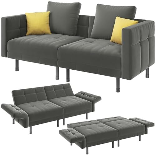 Yaheetech Sofá Cama de Terciopelo 2 Plazas, Sofá Convertible 171x80x72cm con 4 Almohadas, Sofá Apoyabrazos y Respaldo Ajustable para Sala de Estar, Dormitorio y Gabinete, Gris