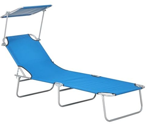 Outsunny Outdoor Foldable Sun Lounger, 4 Level Adjustable Backrest Reclining Sun Lounger Chair with Angle Adjust Sun Shade Awning for Beach, Garden, Patio, Bright Blue